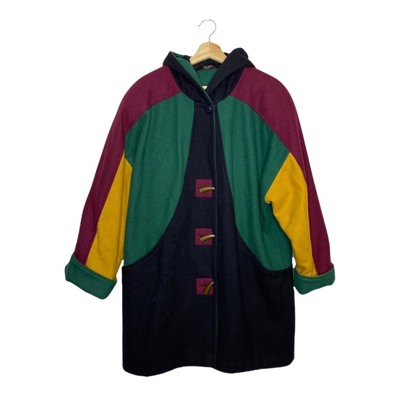 90s Color block ADA Wool Peacoat Colourful Green, Purple, Yellow, Black Sz Large - Picture 1 of 9